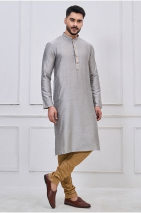 Embroidered Men Kurta in Grey Silk KURR261