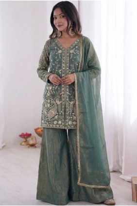 Embroidered Palazzo Suit in Grey Satin PZ4514