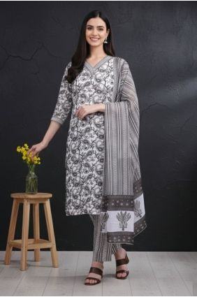 Grey Salwar Kameez in Cotton with Printed SK159098