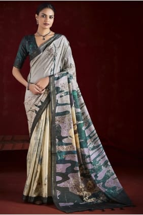 Digital print Grey Silk Saree with Blouse SR29494
