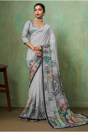 Printed Georgette Grey Saree with Blouse SR29969