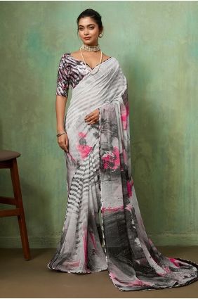 Printed Georgette Saree in Grey SR29967