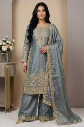 Grey Sequins Palazzo Suit in Silk PZ4341
