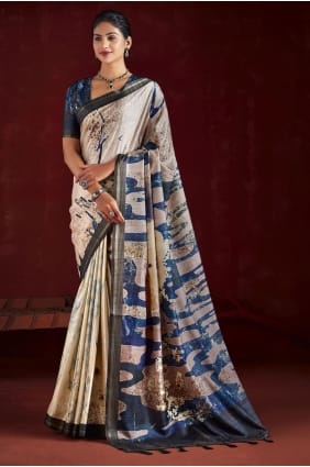 Saree in Grey Silk with Digital print SR29498