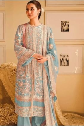 Grey Straight Pant Suit with Embroidered Georgette SK155159