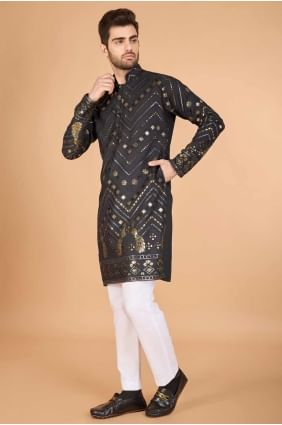 Grey Viscose Embroidered Men Kurta with Dupatta KURR531