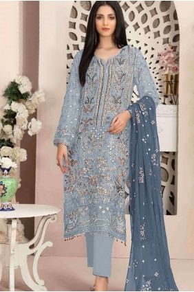 Grey Georgette Embroidered Straight Pant Suit with Dupatta SK155114