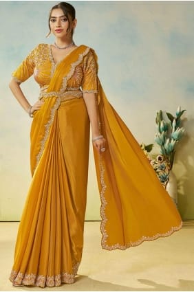 Hand Satin Saree in Yellow SR29165
