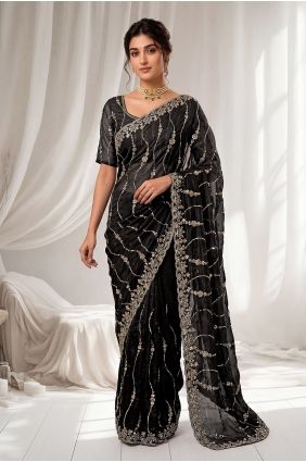Silk Black Saree in Hand,sequins SR30195