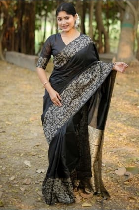 Black Saree with Weaving Handloom silk SR29097