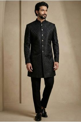 Jacquard Men Kurta in Black KURR265