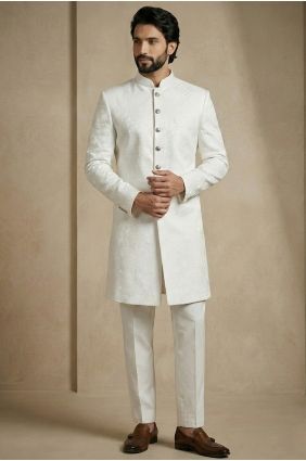 Men Kurta in White Jacquard KURR270