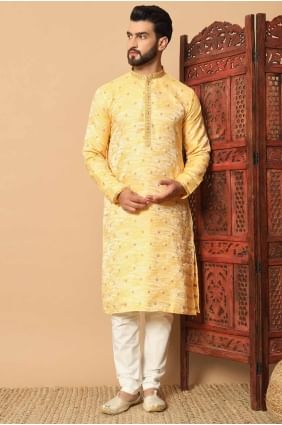 Jacquard Men Kurta with Embroidered in Yellow KURR429