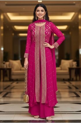 Jacquard Embroidered Pink Palazzo Suit with Dupatta PZ4481