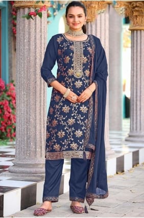 Blue Salwar Kameez in Jacquard with Embroidered SK155902