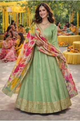 Jacquard silk Gown Dress with Embroidered in Pista GW1233
