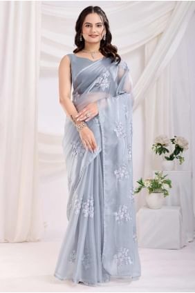 Jam satin Saree in Grey with Embroidered SR28173