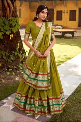 Chanderi Lehenga Choli in Mehendi green with Kundan LC8897
