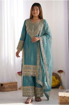 Lace Silk Palazzo Suit in Blue PZ4484