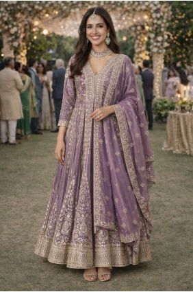 Embroidered Silk Lavender Anarkali Suit with Dupatta AS4269