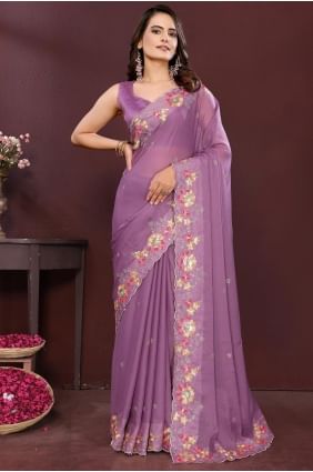 Embroidered Georgette Saree in Lavender SR28886