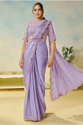 Satin Lavender Saree in Hand SR29171