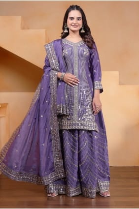 Lavender Palazzo Suit in Embroidered Chiffon PZ4245