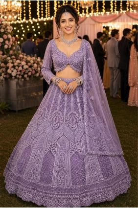 Lavender Embroidered Party Lehenga Choli in Net LC9074