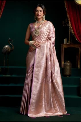 Satin and silk Embroidered Lavender Saree with Blouse SR29571