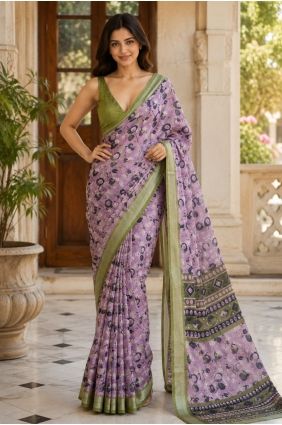 Linen Printed Lavender Saree with Blouse SR30185