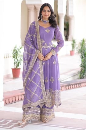 Silk Eid Palazzo Suit with Embroidered in Lavender PZ4246