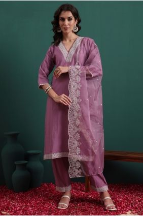 Silk Lavender Straight Suit in Embroidered SK15729