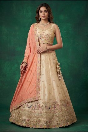 Embroidered Tissue Lehenga Choli in Chiku with Dupatta LC9189