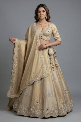 Embroidered Silk Lehenga Choli in Cream with Dupatta LC9212