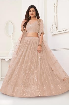 Peach Thread Lehenga Choli in Net LC8957
