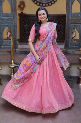 Peach Printed Lehenga Choli in Silk LC9126