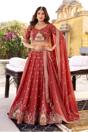 Silk Lehenga Choli in Rust with Embroidered LC8888