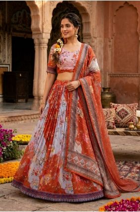 Printed Silk Lehenga Choli in Rust LC9130