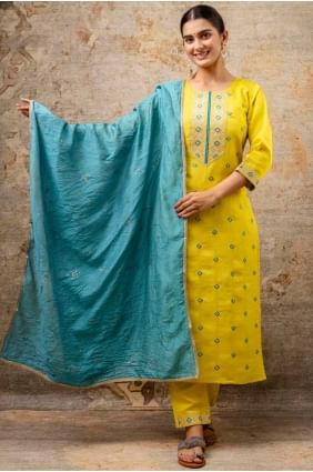Lemon Straight Pant Suit in Silk with Embroidered SK155610