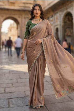 Embroidered Silk Light brown Saree with Blouse SR29419