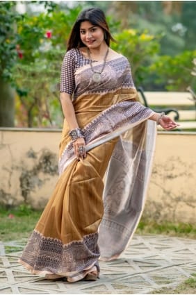 Printed Tussar silk Light brown Saree with Blouse SR29688