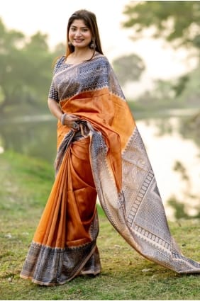 Printed Tussar silk Saree in Rust SR29689