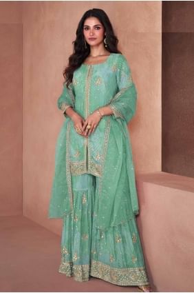 Light green  Eid Palazzo Suit in Embroidered Georgette PZ4095