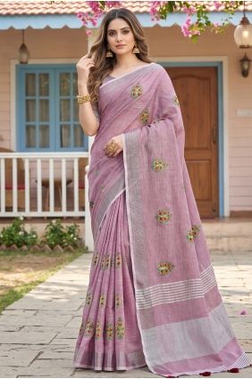 Linen Saree with Embroidered in Light purple SR29944