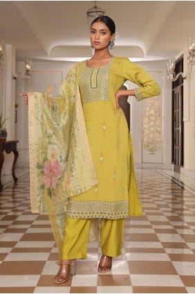 Light yellow Straight Pant Suit in Embroidered Viscose SK155185