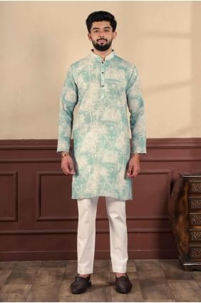 Linen Digital print Aqua green Men Kurta  KURR486