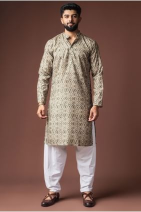 Linen Men Kurta in Mehandi green with Digital print KURR583