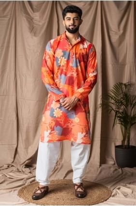 Digital print Men Kurta in Orange Linen KURR598