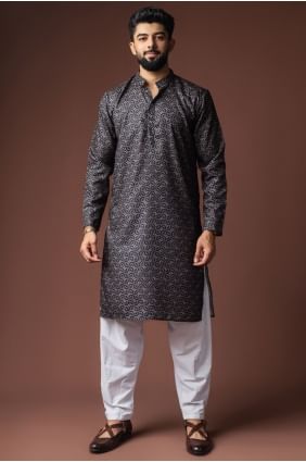 Black Digital print Linen Men Kurta KURR576