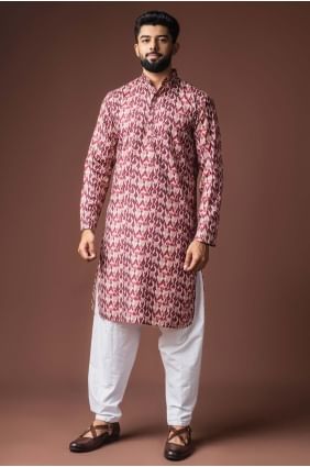 Dusty rose Men Kurta in Linen with Digital print KURR589